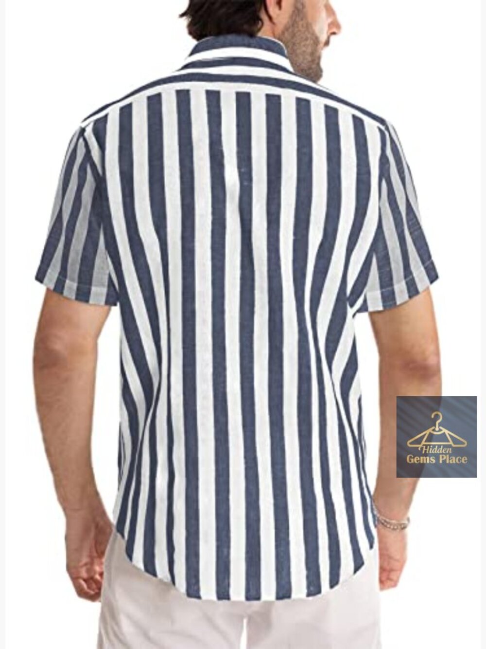 Cotton Button Down Dress Shirt Short Sleeve Casual Striped Beach shirt - Picture 4 of 7